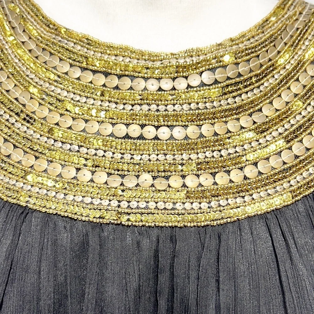Jovani Gold Beaded Yolk Neckline and Black Silk Flowy Dress size 12